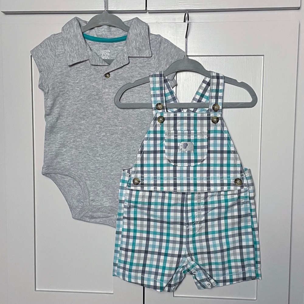 Cater’s Baby Boy Elephant Plaid Shortalls Set